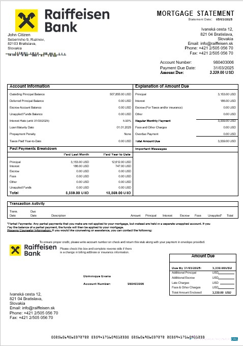 Download Slovakia Raiffeisen bank mortgage statement in Word and PDF formats Photoshop template